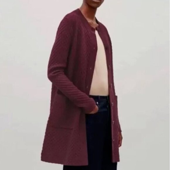 COS Textured Knit Long Quilted Jacquard Burgundy Cardigan Size S - Picture 2 of 7